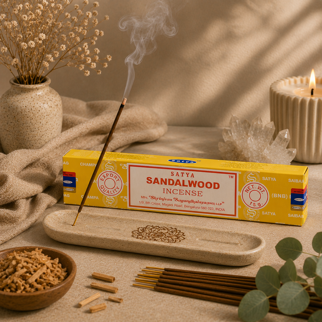A yellow box of Satya Sandalwood Incense is displayed on a beige stone incense holder, with a smoking incense stick resting on it. The scene is styled with dried flowers in a ceramic vase, a lit candle, a bowl of loose incense sticks, and eucalyptus leaves on a textured beige fabric background.